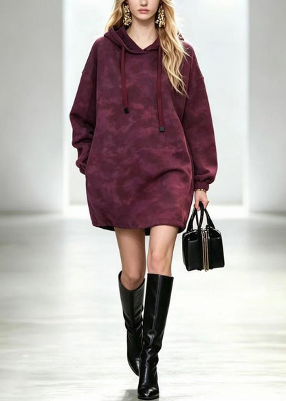 Casual Magenta Hooded Drawstring Long Fleece Sweatshirt Top Winter