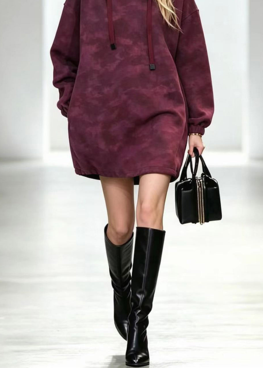 Casual Magenta Hooded Drawstring Long Fleece Sweatshirt Top Winter