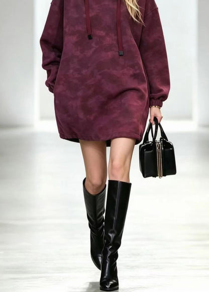 Casual Magenta Hooded Drawstring Long Fleece Sweatshirt Top Winter