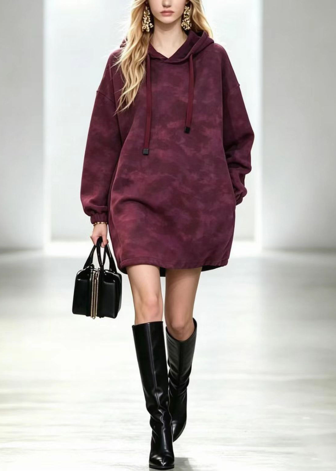 Casual Magenta Hooded Drawstring Long Fleece Sweatshirt Top Winter