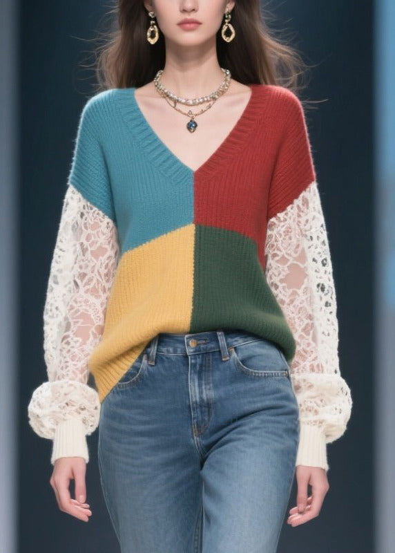 Casual Mixed Color Hollow Out Patchwork Lace Sweater Tops Fall