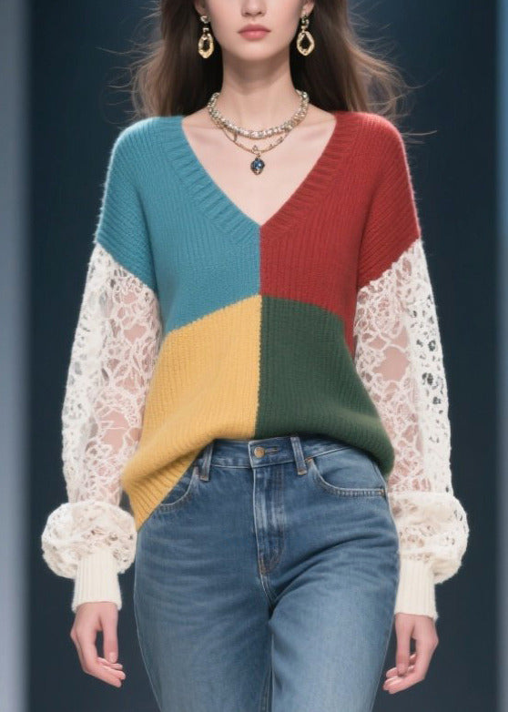 Casual Mixed Color Hollow Out Patchwork Lace Sweater Tops Fall