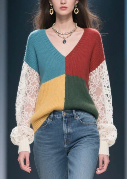 Casual Mixed Color Hollow Out Patchwork Lace Sweater Tops Fall