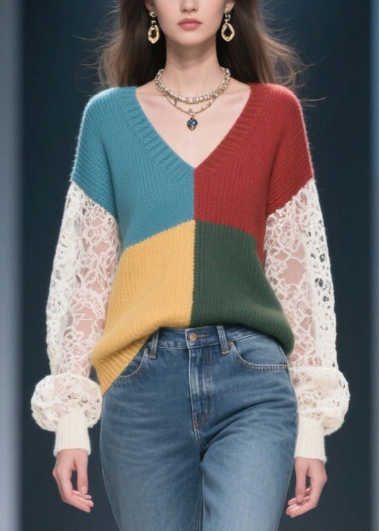 Casual Mixed Color Hollow Out Patchwork Lace Sweater Tops Fall