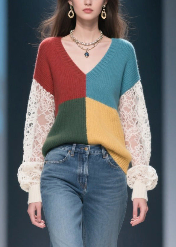 Casual Mixed Color Hollow Out Patchwork Lace Sweater Tops Fall