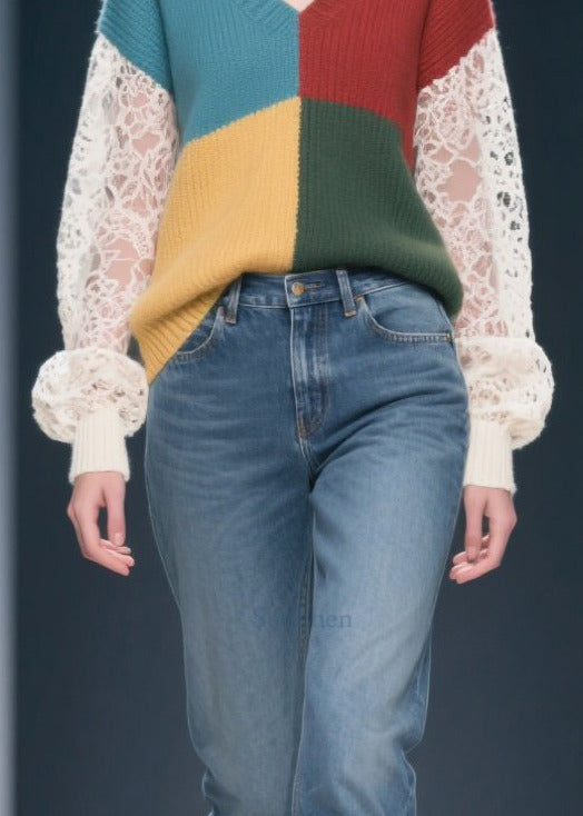 Casual Mixed Color Hollow Out Patchwork Lace Sweater Tops Fall
