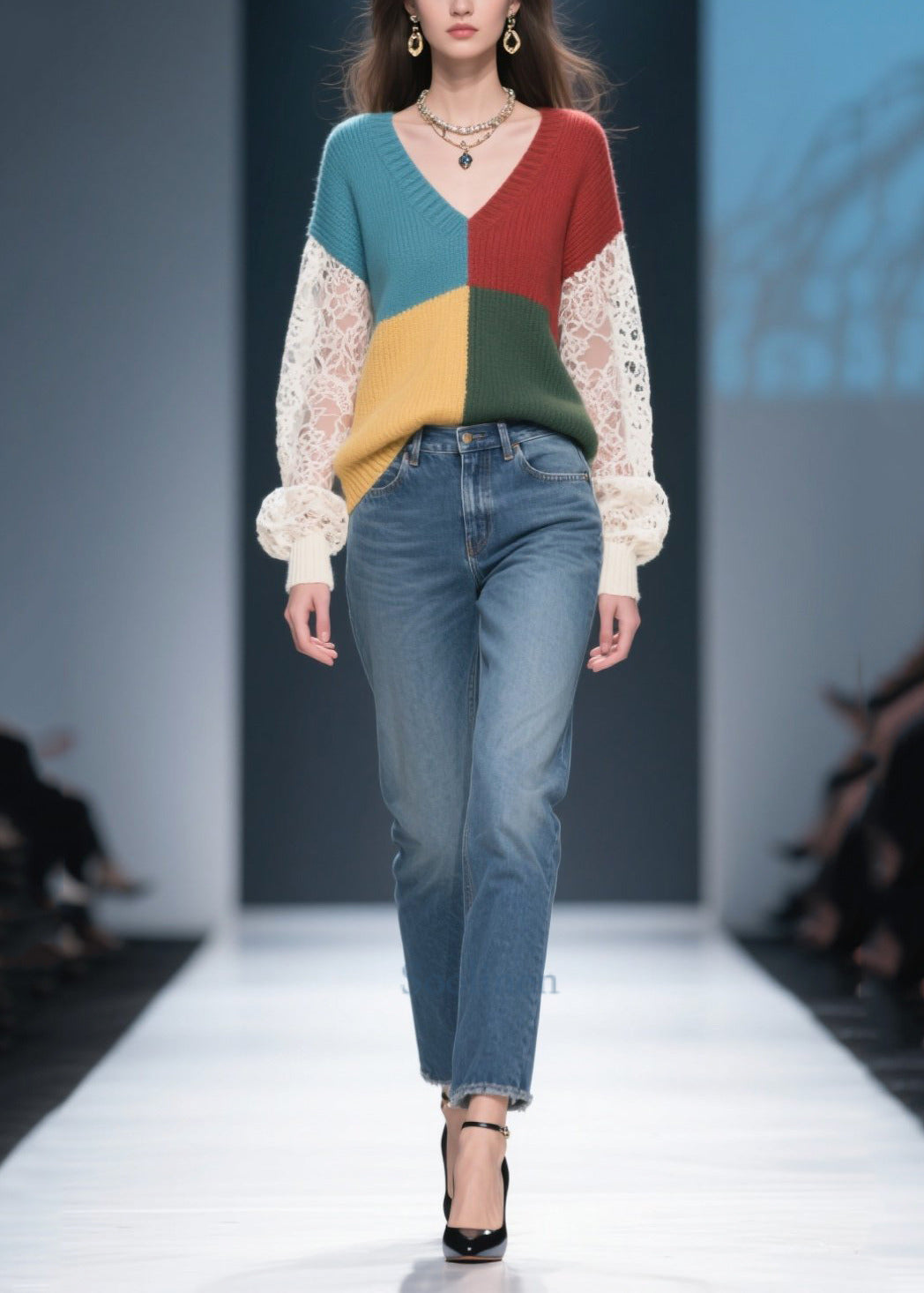 Casual Mixed Color Hollow Out Patchwork Lace Sweater Tops Fall