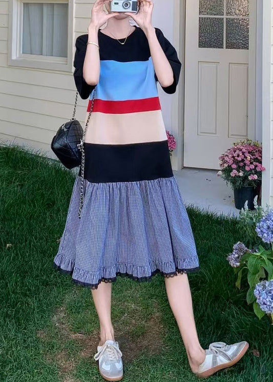 Casual Mixed Color Oversized Patchwork Cotton Long Dress Summer