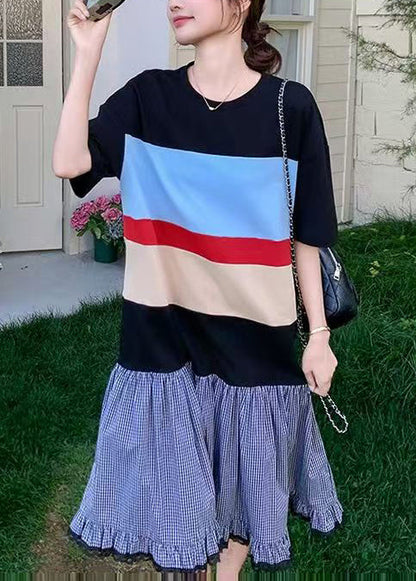 Casual Mixed Color Oversized Patchwork Cotton Long Dress Summer