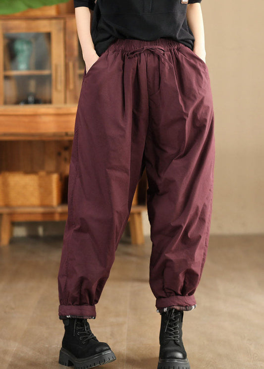 Casual Mulberry Pockets Elastic Waist Warm Fleece Pants Winter