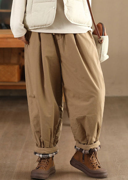 Casual Mulberry Pockets Elastic Waist Warm Fleece Pants Winter