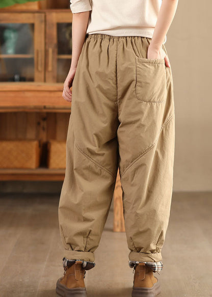 Casual Mulberry Pockets Elastic Waist Warm Fleece Pants Winter