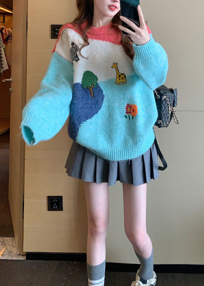 Casual Multicolor Patchwork O-Neck Embroidered Knit Sweater Top Fall
