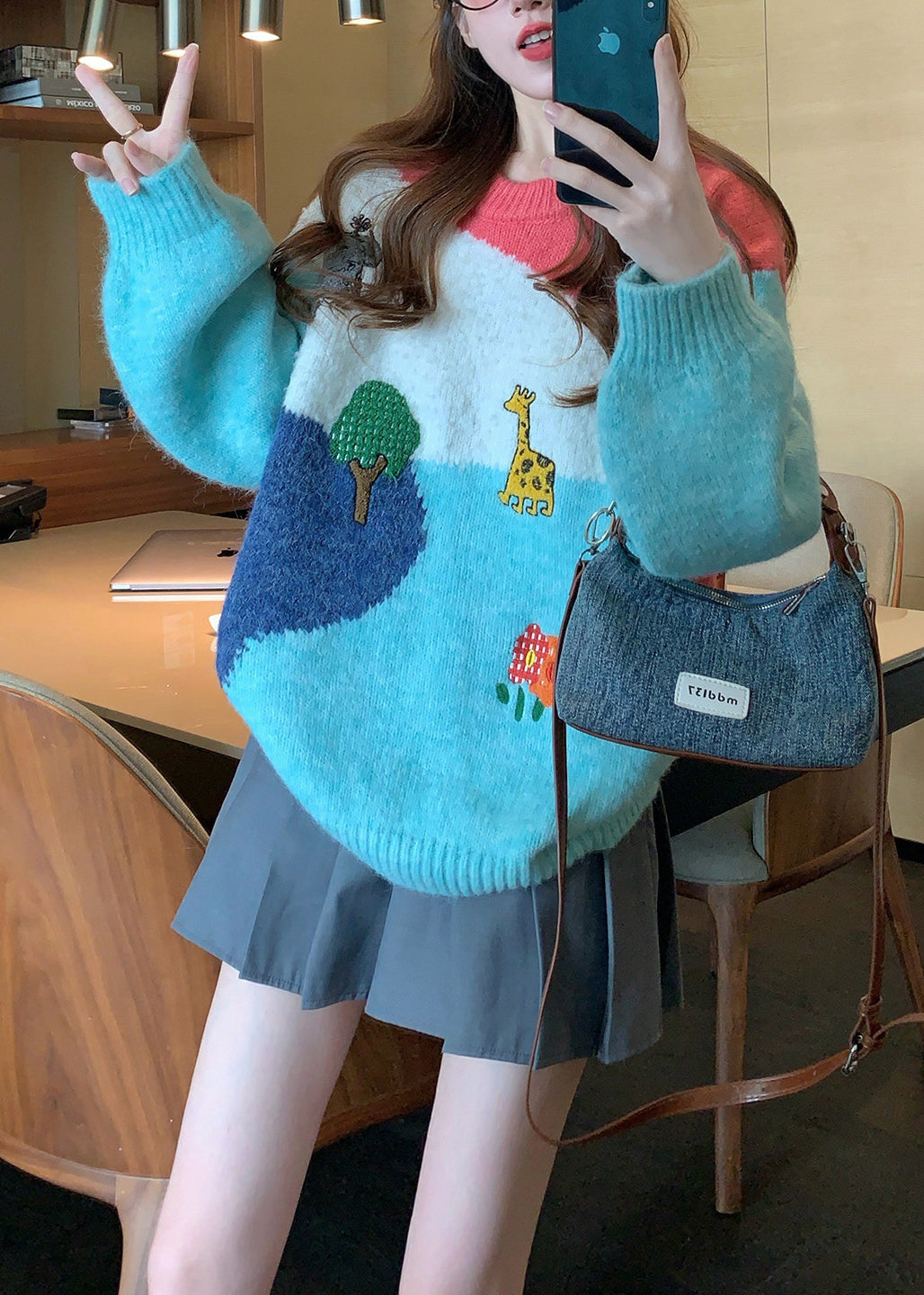 Casual Multicolor Patchwork O-Neck Embroidered Knit Sweater Top Fall
