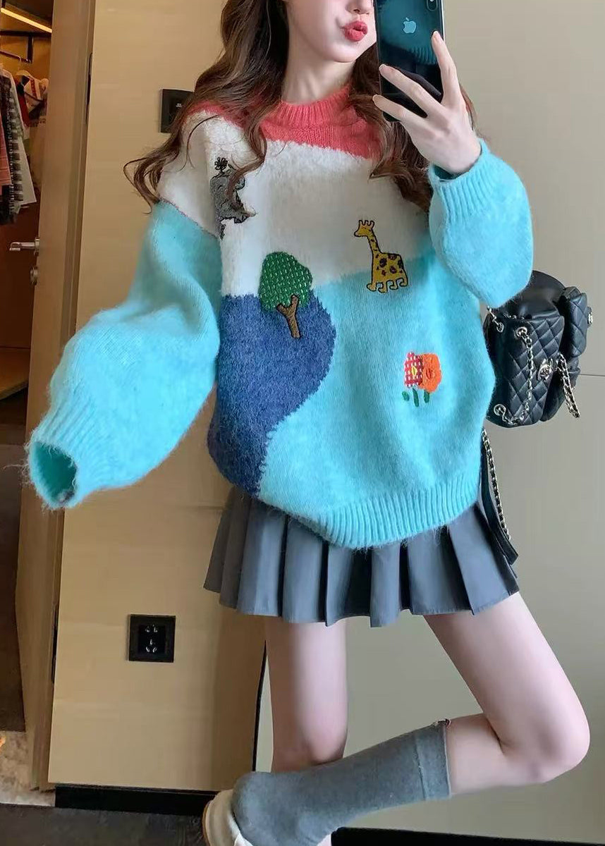 Casual Multicolor Patchwork O-Neck Embroidered Knit Sweater Top Fall