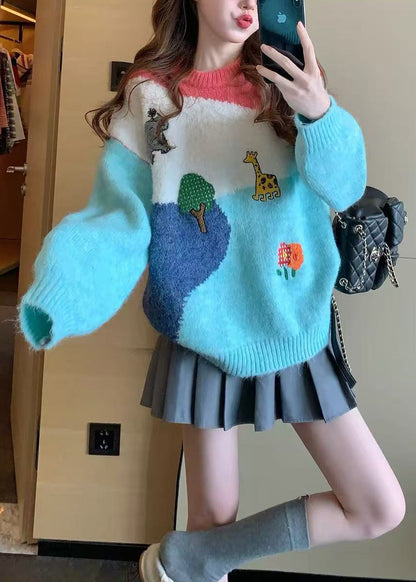 Casual Multicolor Patchwork O-Neck Embroidered Knit Sweater Top Fall