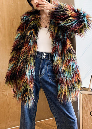 Casual Multicolour Oversized Warm Fuzzy Fur Fluffy Coat Winter