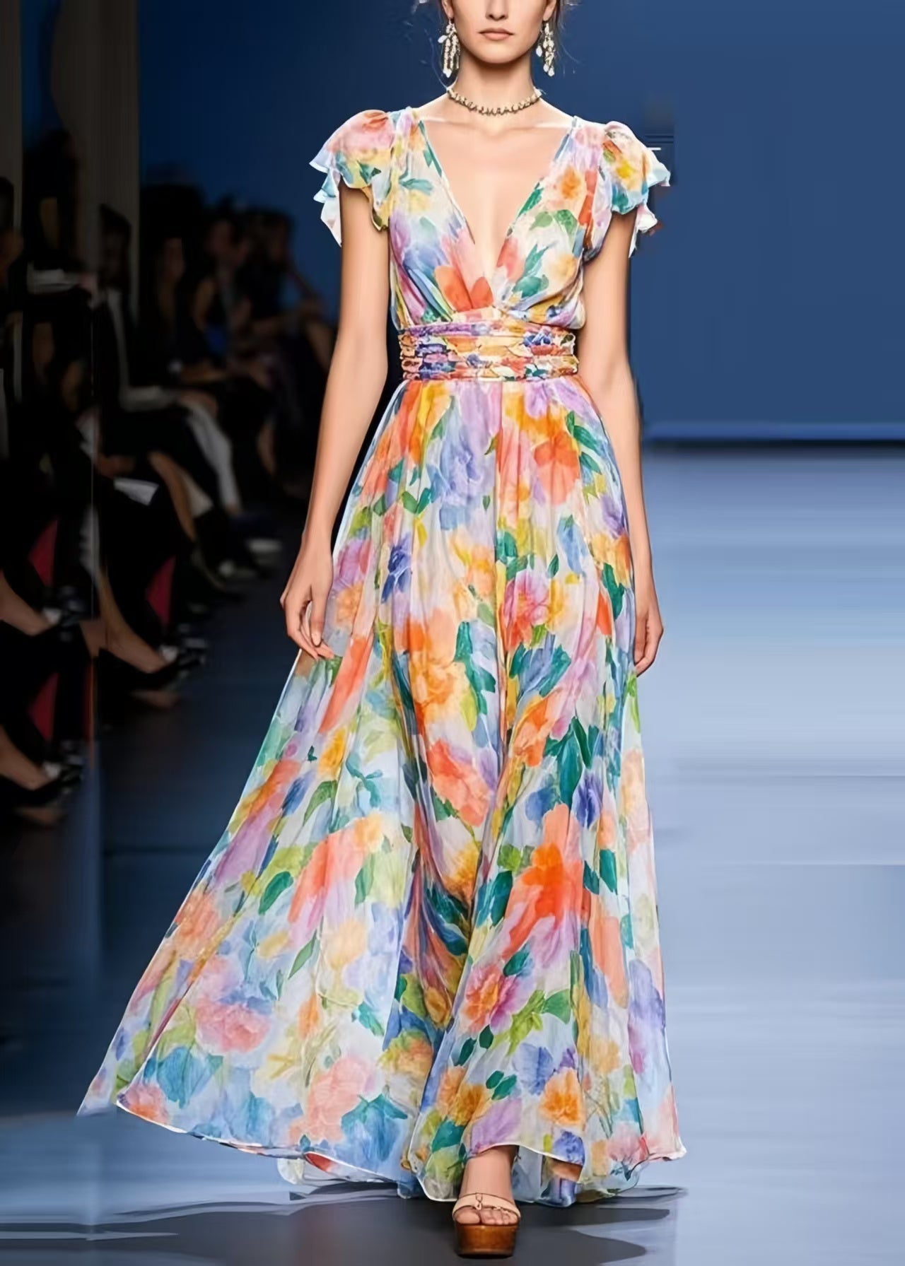 Casual Multicolour Print Chiffon Cinched Dress Summer