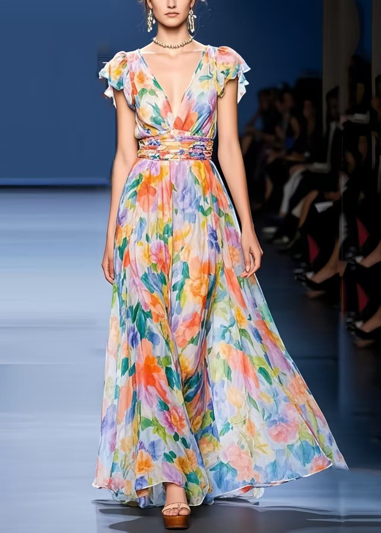 Casual Multicolour Print Chiffon Cinched Dress Summer