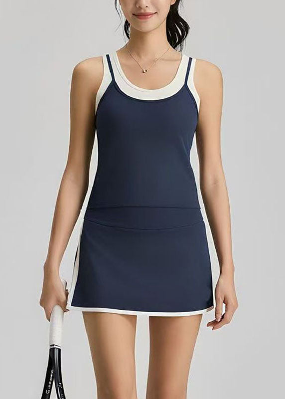 Casual Navy Blue Striped Backless Tennis Sportswear Two-Piece Set Summer