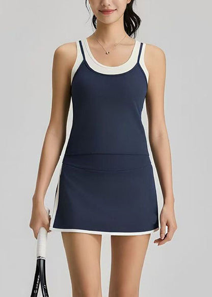 Casual Navy Blue Striped Backless Tennis Sportswear Two-Piece Set Summer