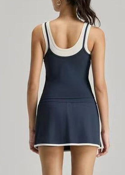 Casual Navy Blue Striped Backless Tennis Sportswear Two-Piece Set Summer