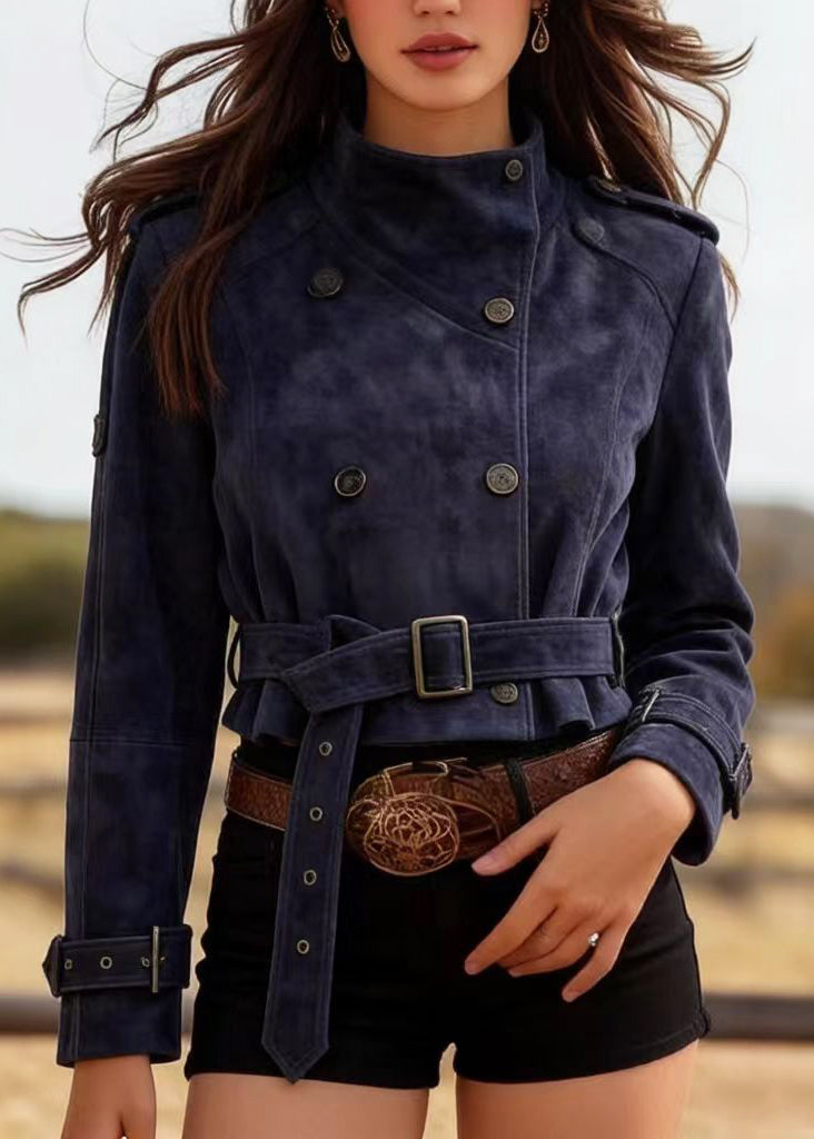 Casual Navy Double Breast Faux Suede Tunic Coats Spring