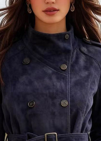 Casual Navy Double Breast Faux Suede Tunic Coats Spring