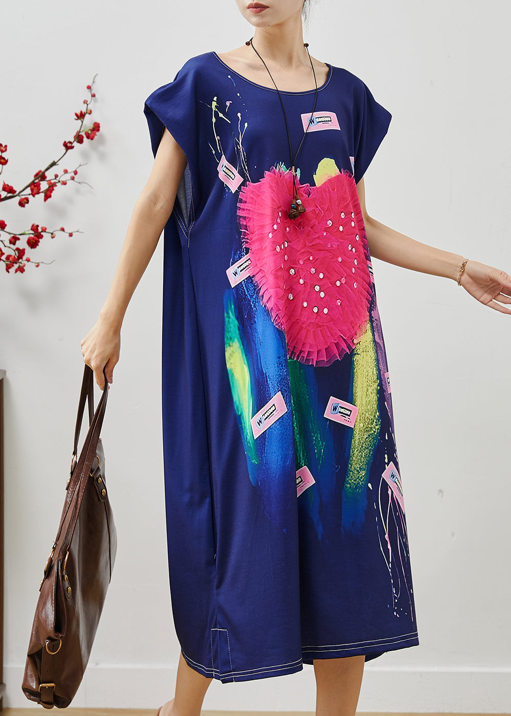 Casual Navy Graffiti Rhinestone Love Cotton Holiday Dress Summer