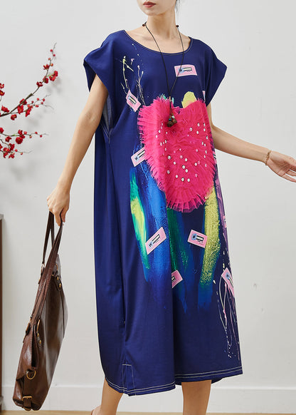 Casual Navy Graffiti Rhinestone Love Cotton Holiday Dress Summer