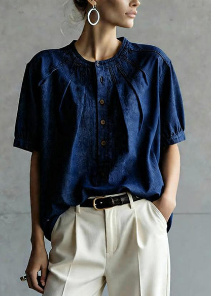 Casual Navy O Neck Button Wrinkled Denim Top Summer