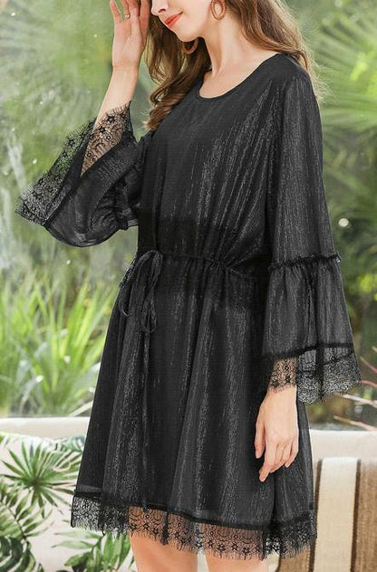 Casual Navy O-Neck Chiffon Flare Sleeve Spring Mid Dress - SooLinen