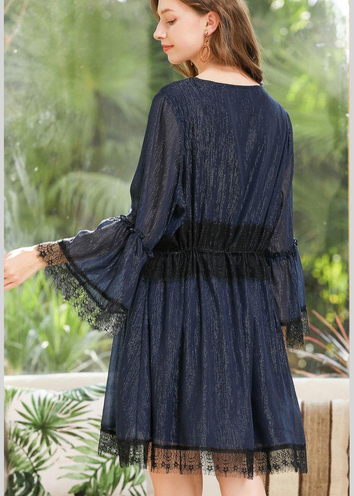 Casual Navy O-Neck Chiffon Flare Sleeve Spring Mid Dress - SooLinen