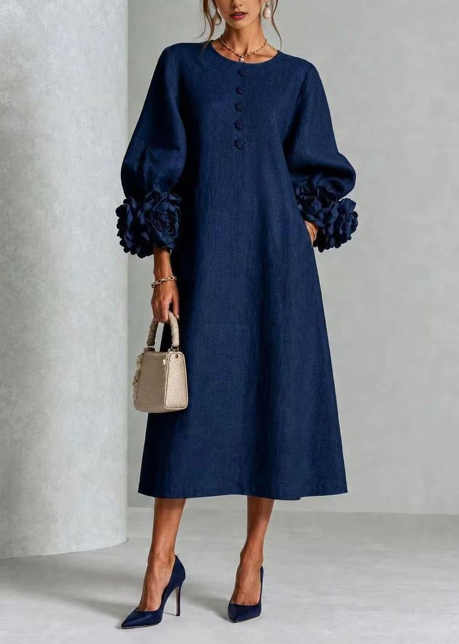 Casual Navy O-Neck Stereoscopic Floral Dress Lantern Sleeve