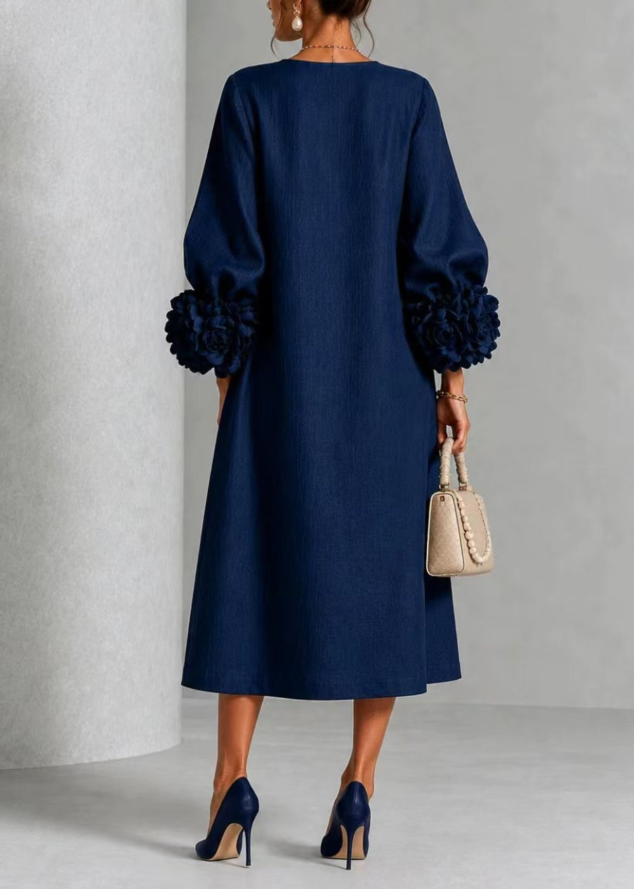Casual Navy O-Neck Stereoscopic Floral Dress Lantern Sleeve