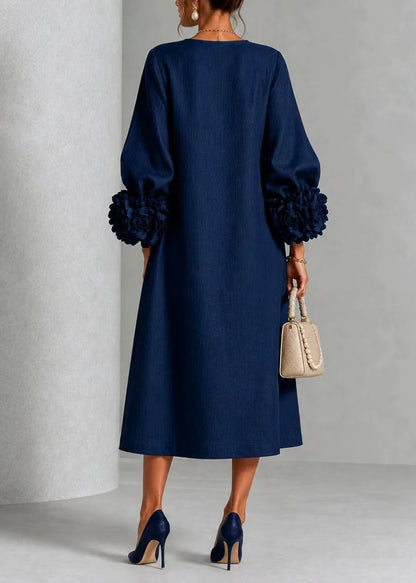 Casual Navy O-Neck Stereoscopic Floral Dress Lantern Sleeve