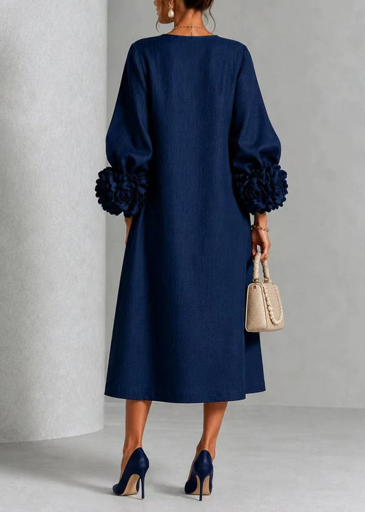 Casual Navy O-Neck Stereoscopic Floral Dress Lantern Sleeve