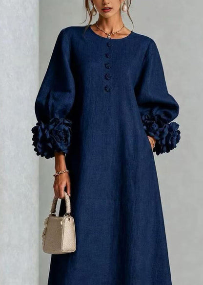 Casual Navy O-Neck Stereoscopic Floral Dress Lantern Sleeve