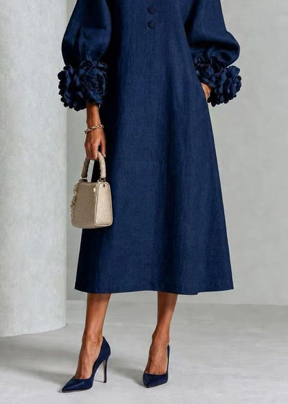 Casual Navy O-Neck Stereoscopic Floral Dress Lantern Sleeve