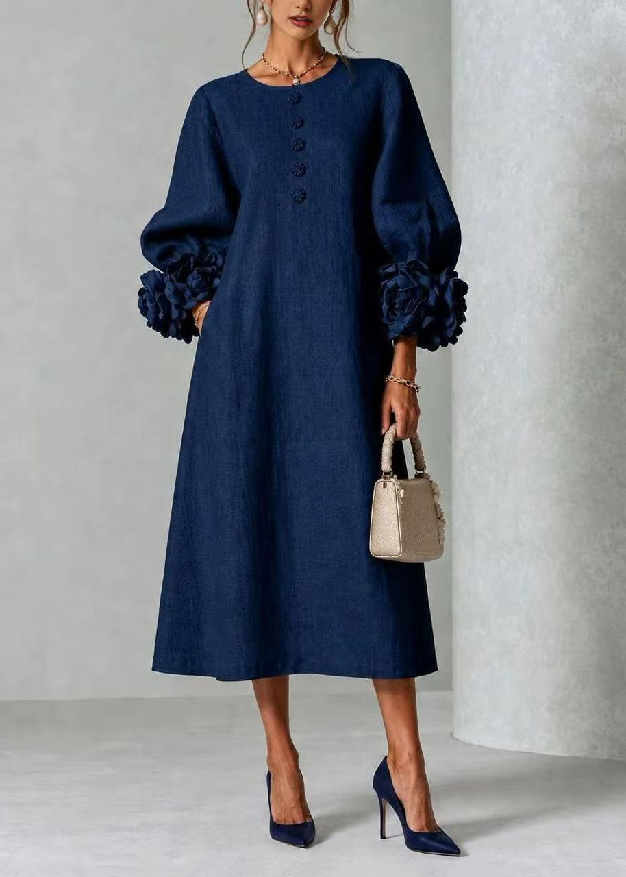 Casual Navy O-Neck Stereoscopic Floral Dress Lantern Sleeve