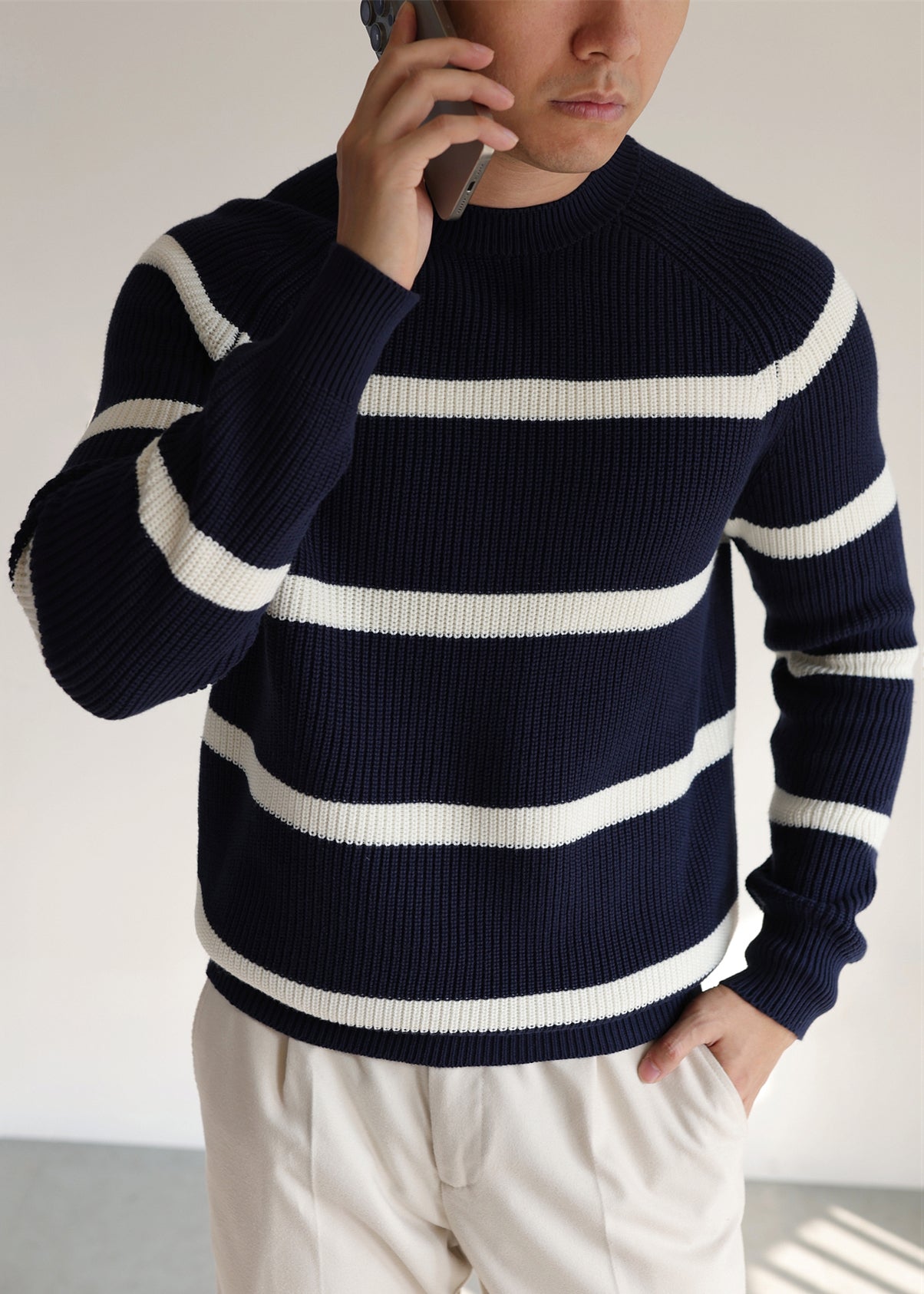 Casual Navy O Neck Striped Cozy Knit Men Sweaters Winter
