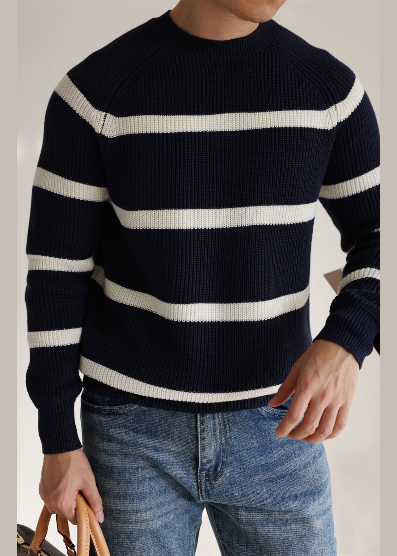 Casual Navy O Neck Striped Cozy Knit Men Sweaters Winter
