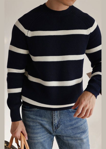Casual Navy O Neck Striped Cozy Knit Men Sweaters Winter