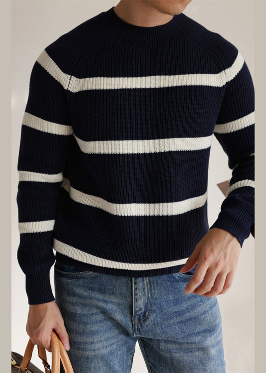 Casual Navy O Neck Striped Cozy Knit Men Sweaters Winter