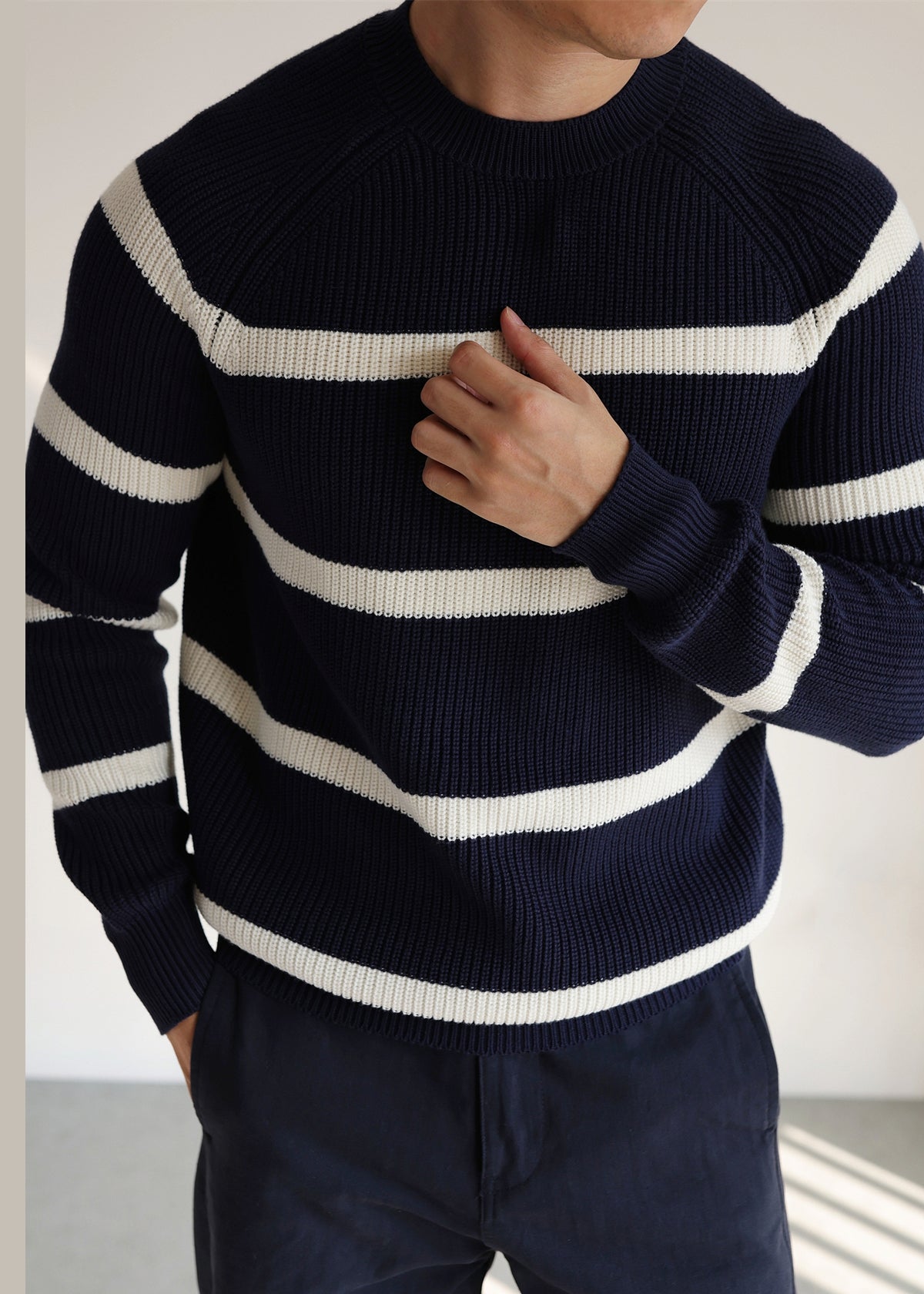 Casual Navy O Neck Striped Cozy Knit Men Sweaters Winter