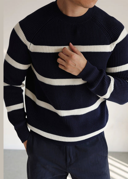 Casual Navy O Neck Striped Cozy Knit Men Sweaters Winter
