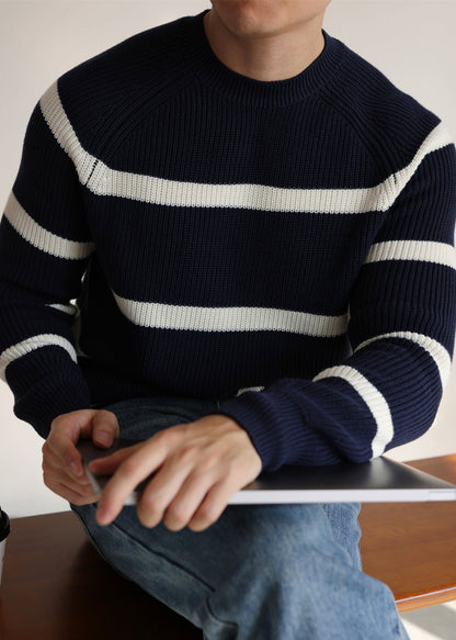 Casual Navy O Neck Striped Cozy Knit Men Sweaters Winter