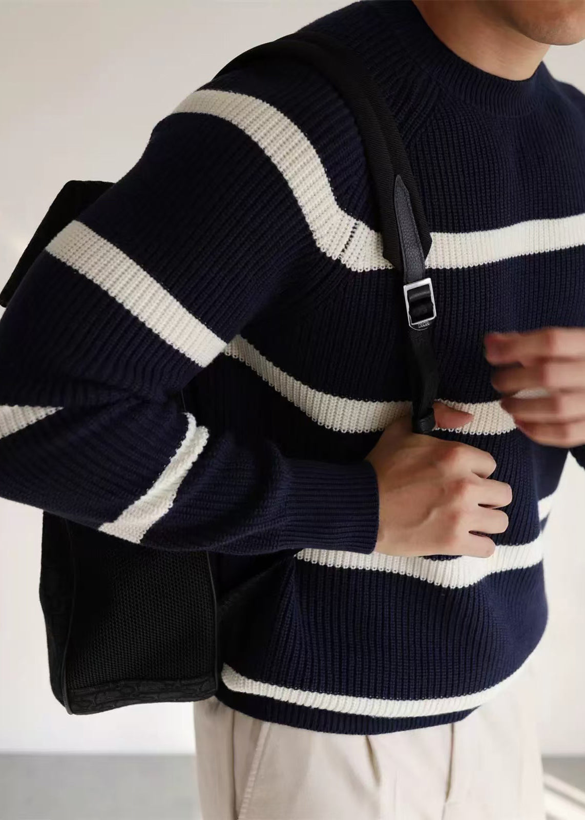 Casual Navy O Neck Striped Cozy Knit Men Sweaters Winter