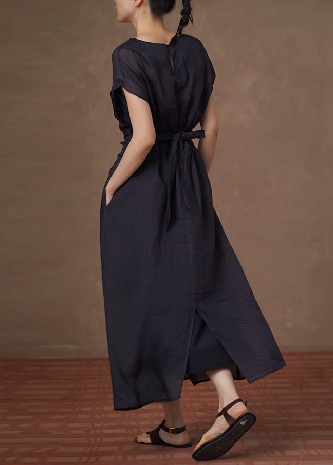 Casual Navy O-Neck Tie Waist Long Dress Summer