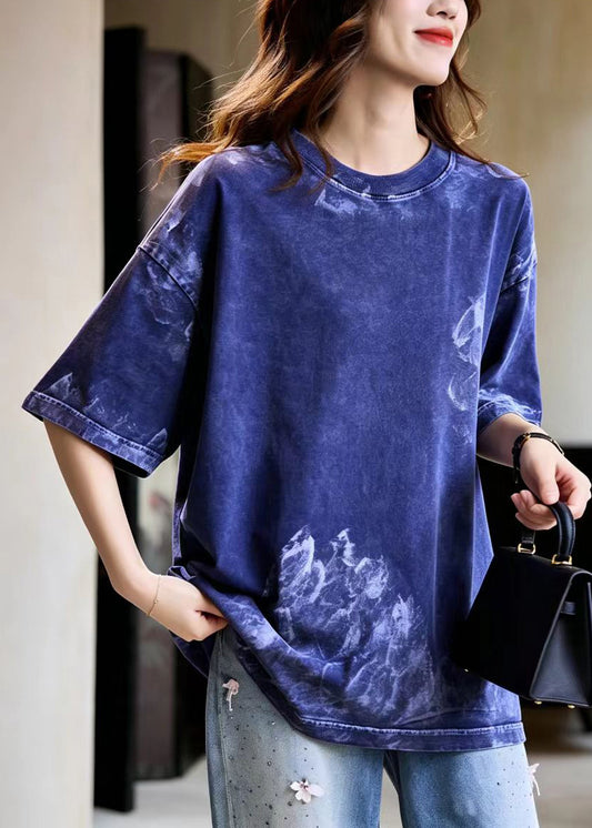 Casual Navy O-Neck Wash Print Cotton Top Half Sleeve